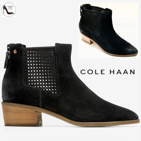 Cole Haan Val Black Suede Booties Pointed Toe Block Heel Women’s Ankle Boots 10 - Picture 1 of 7